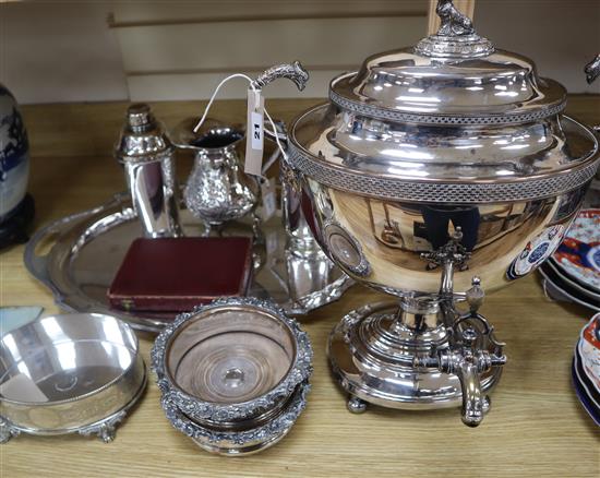 A 19th century plated hot water urn and a quantity of plated items